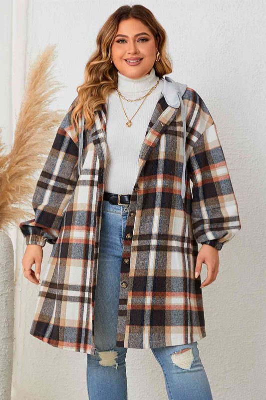 Adrien Planet Black Plus Size Plaid Drop Shoulder Hooded Coat