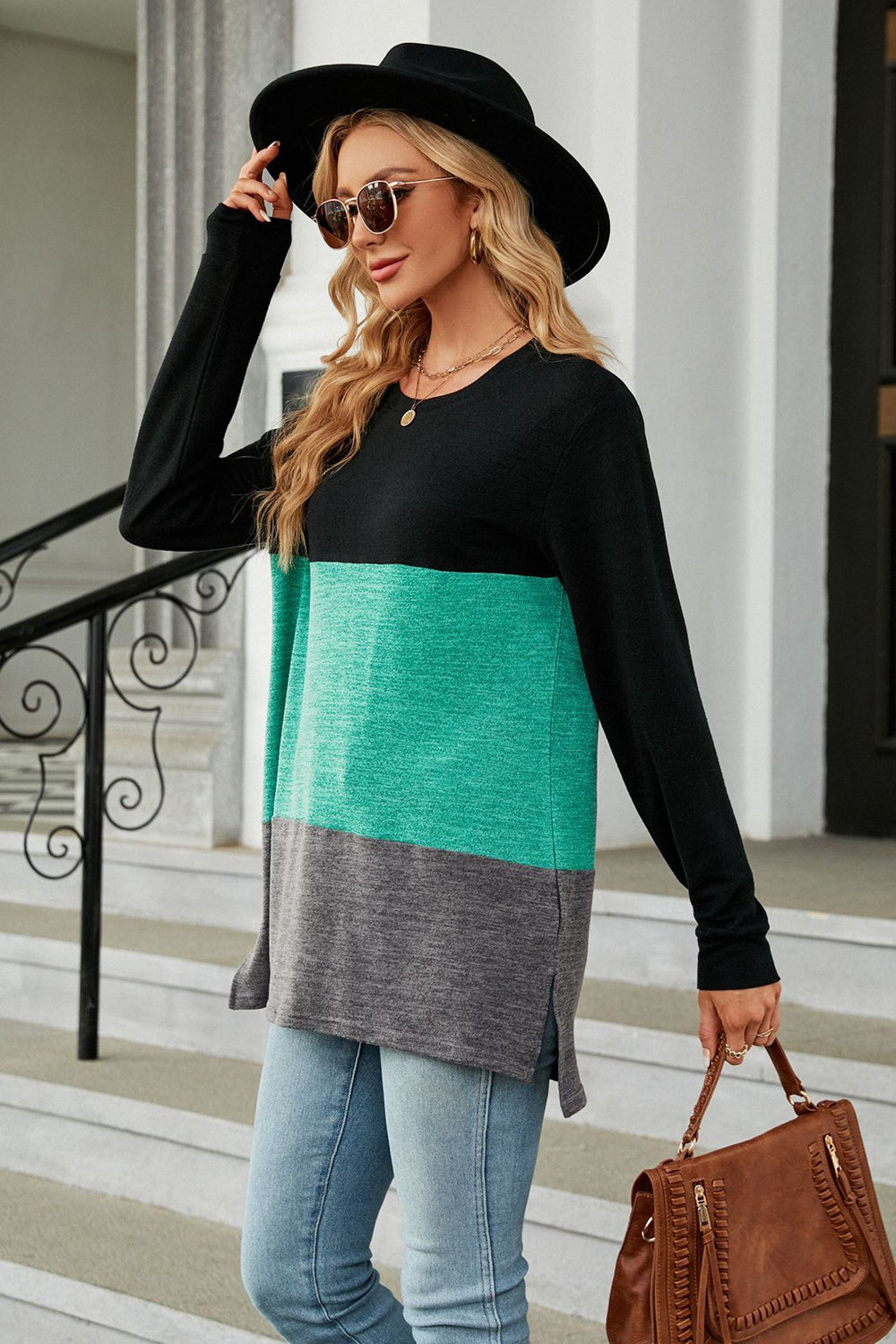 Full Size Color Block Round Neck Long Sleeve Slit T-Shirt