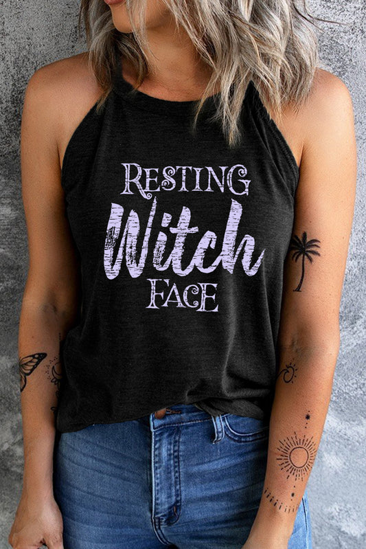 Full Size Round Neck RESTING WITCH FACE Graphic Tank Top