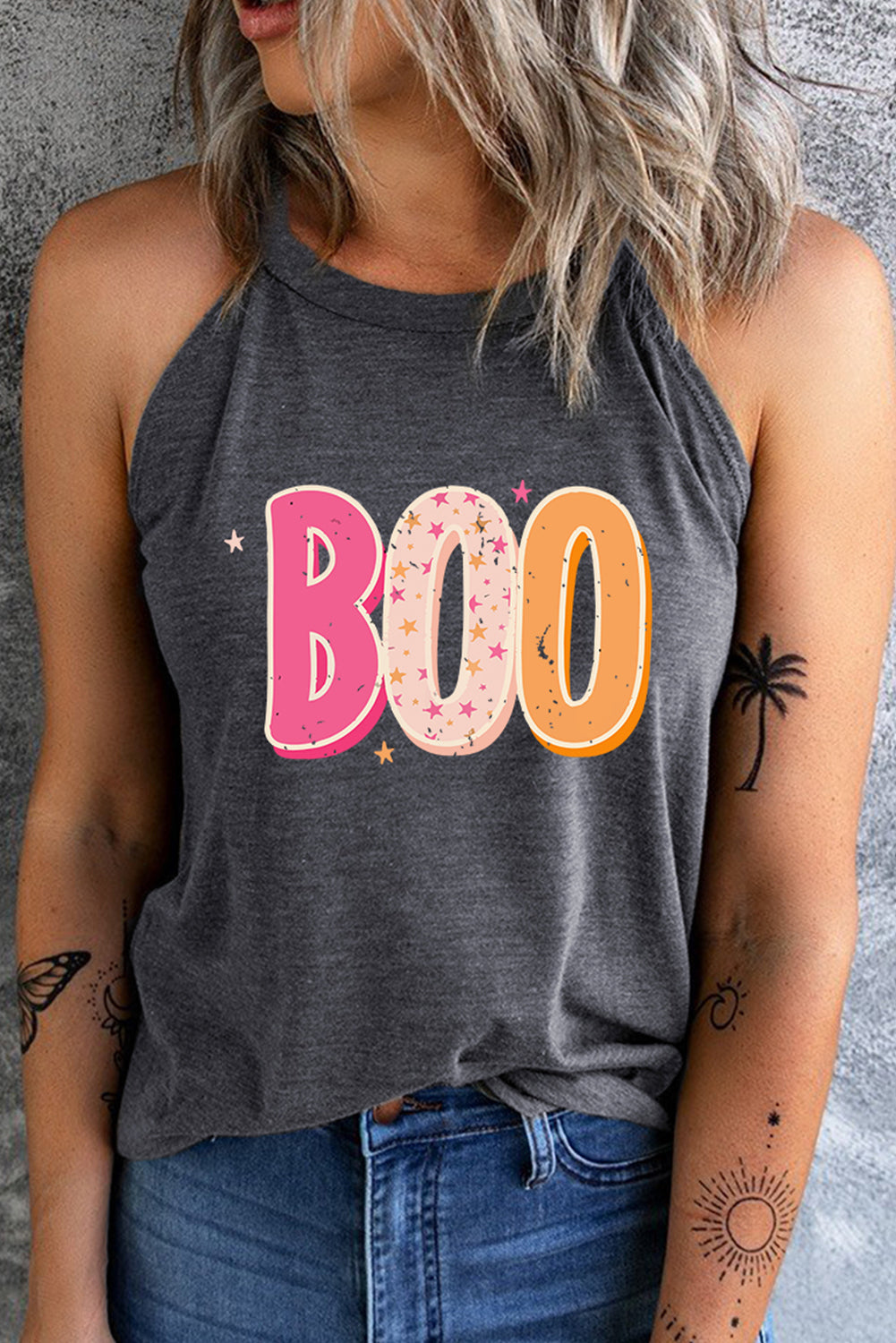Full Size Round Neck Sleeveless BOO Graphic Tank Top