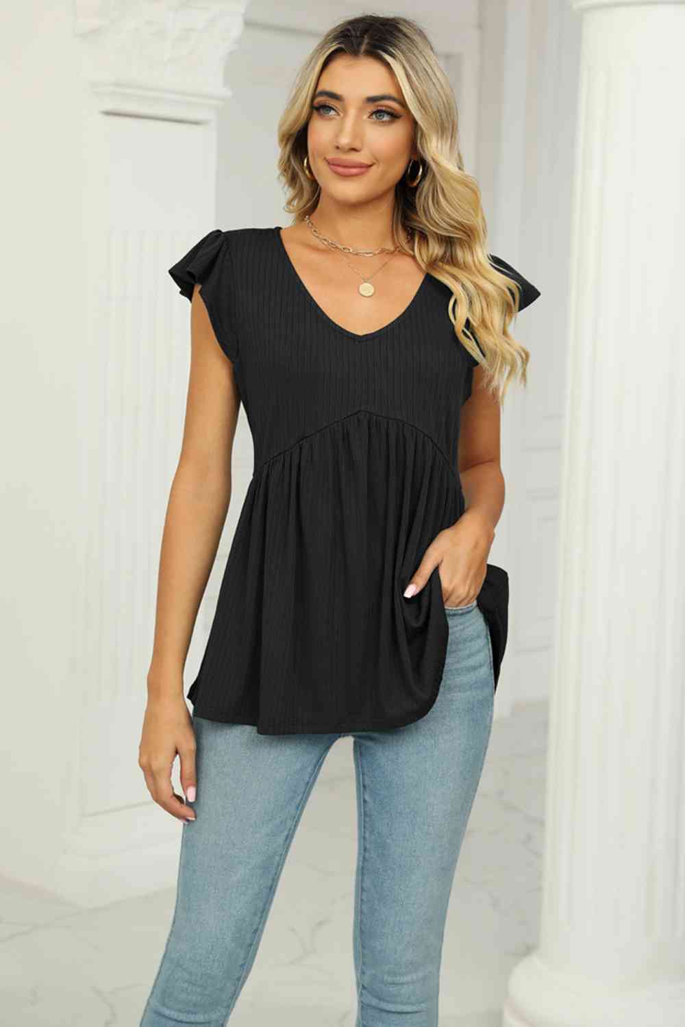 Full Size V-Neck Flutter Sleeve Babydoll Blouse