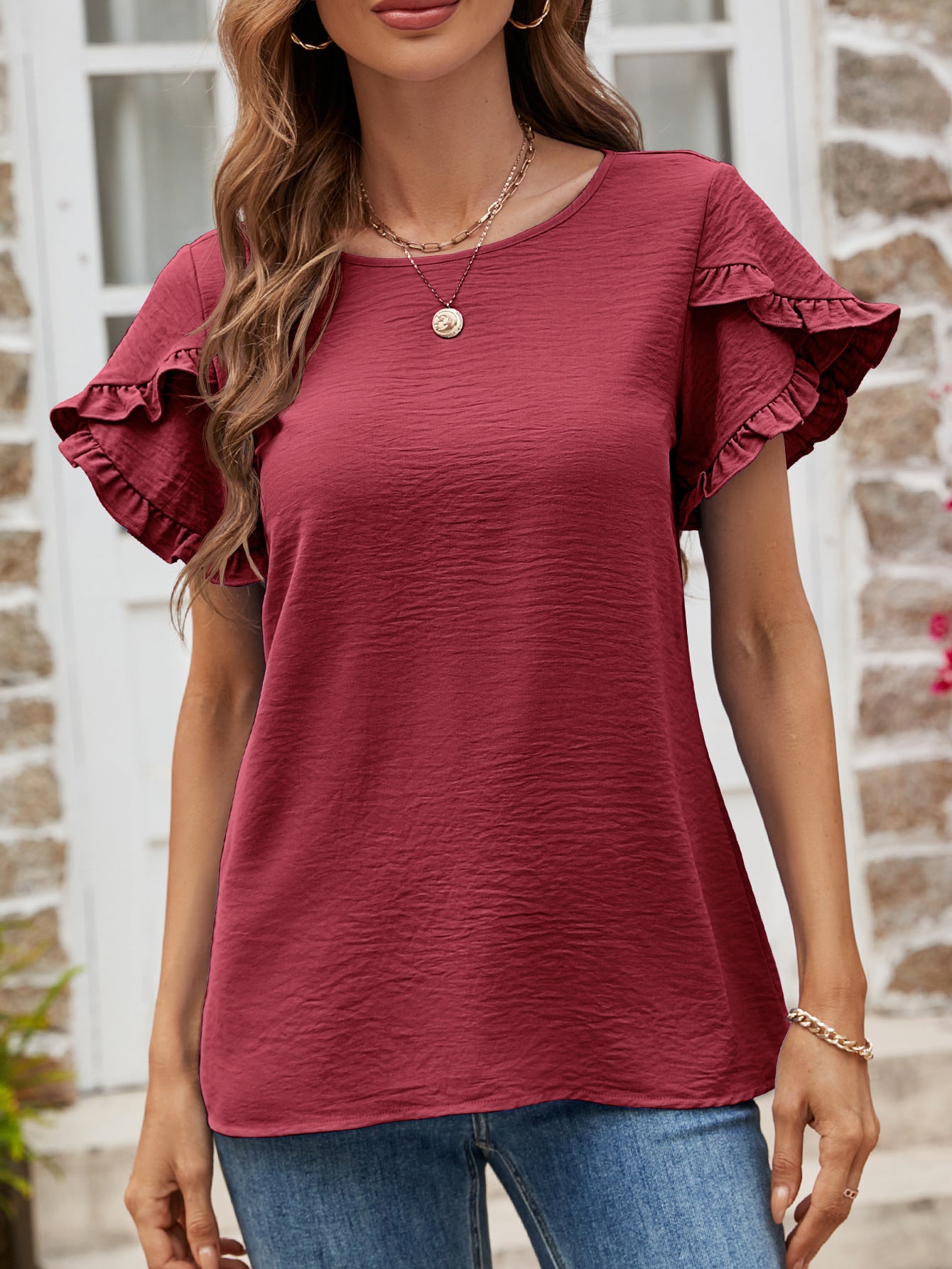 Malibu Dreams Textured Petal Sleeve Round Neck Tee