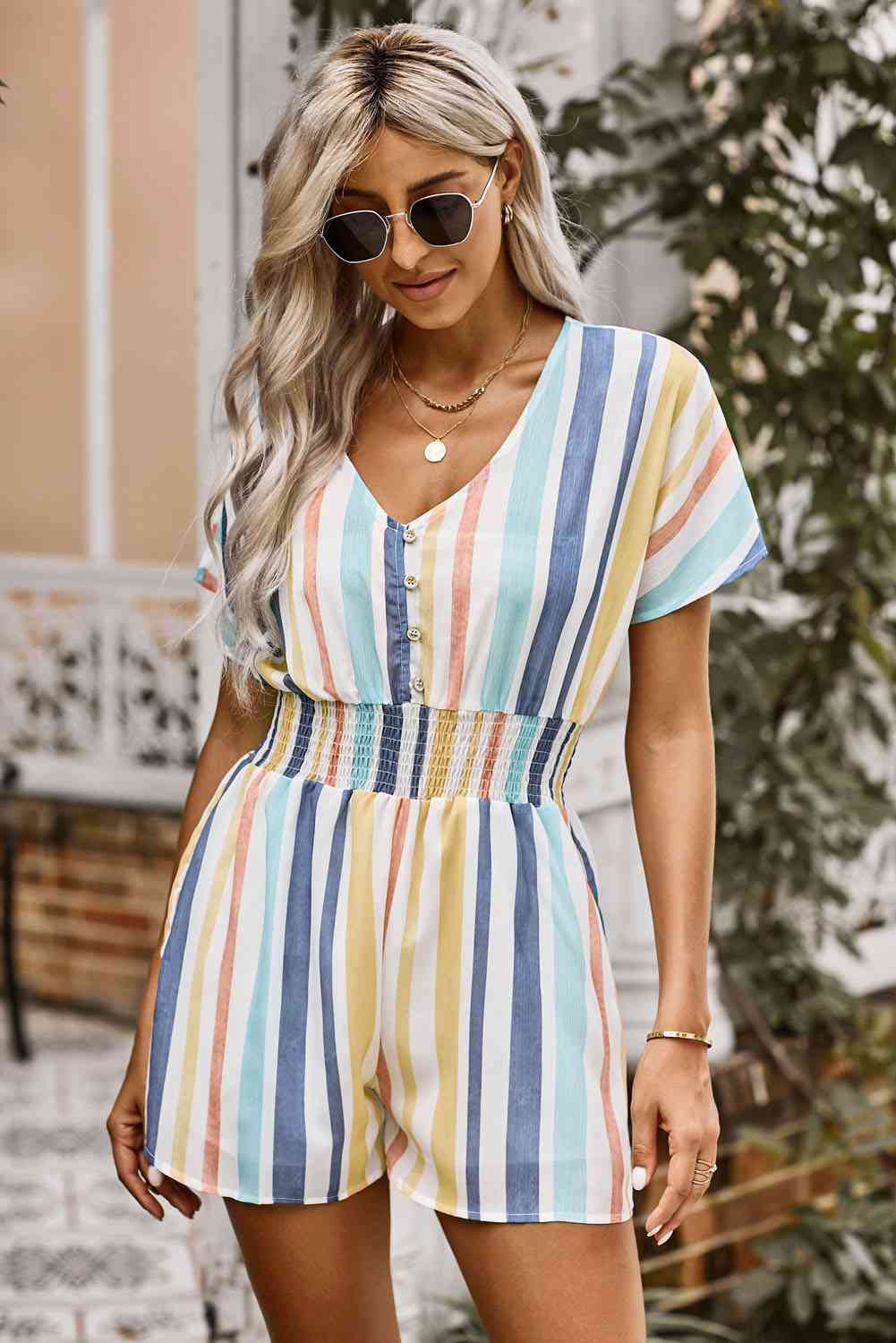 DuskJumpers Multicolored Stripe V-Neck Smocked Waist Romper