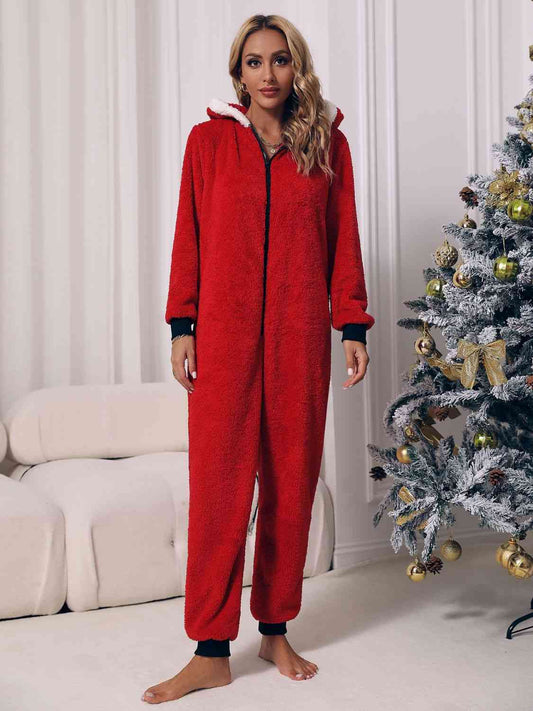 Christmas Zip Front Long Sleeve Hooded Teddy Lounge Jumpsuit