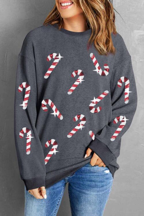 Christmas Themed Sequin Candy Cane Round Neck Sweatshirt