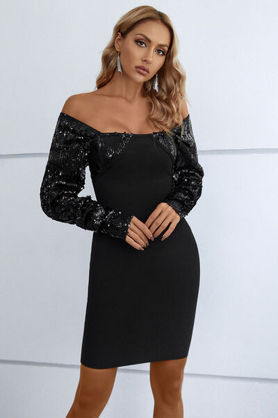 Women's TrulyMe Black Sequin Off-Shoulder Mini Dress