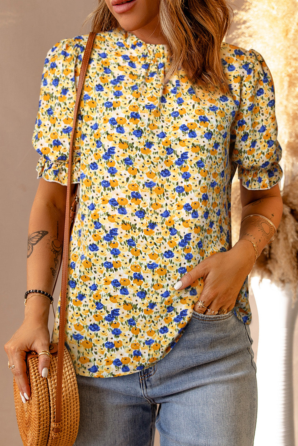 Women's Floral Puff Sleeve Keyhole Blouse