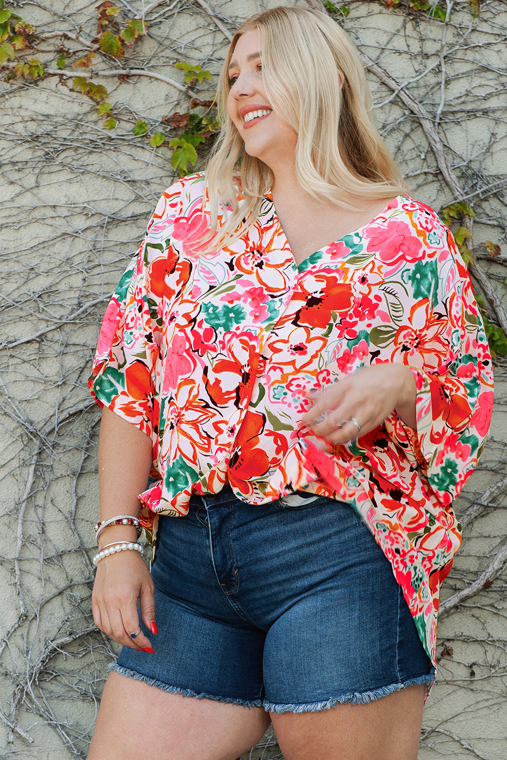 Malibu Dreams Plus Size Floral V-Neck Half Sleeve Shirt