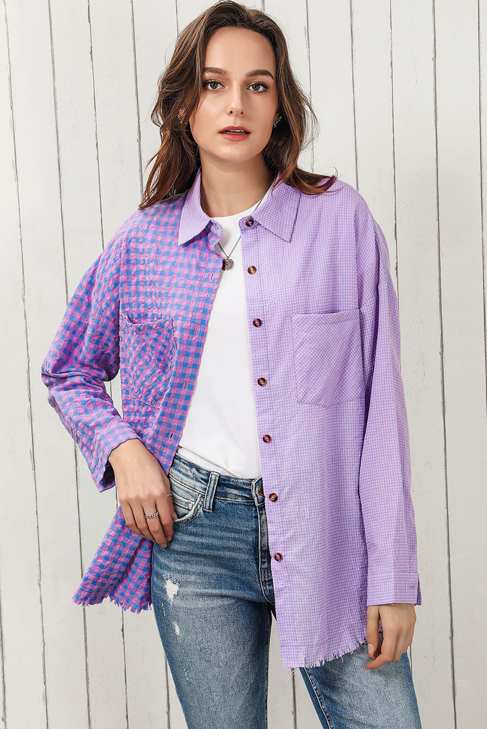 Adelisa & Yehn Plaid Raw Hem Longline Shirt