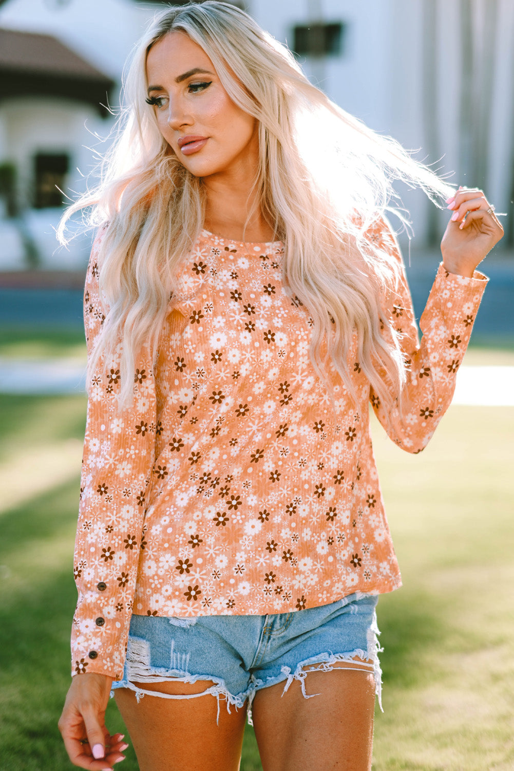 Beauteous Floral Print Round Neck Long Sleeve Tee