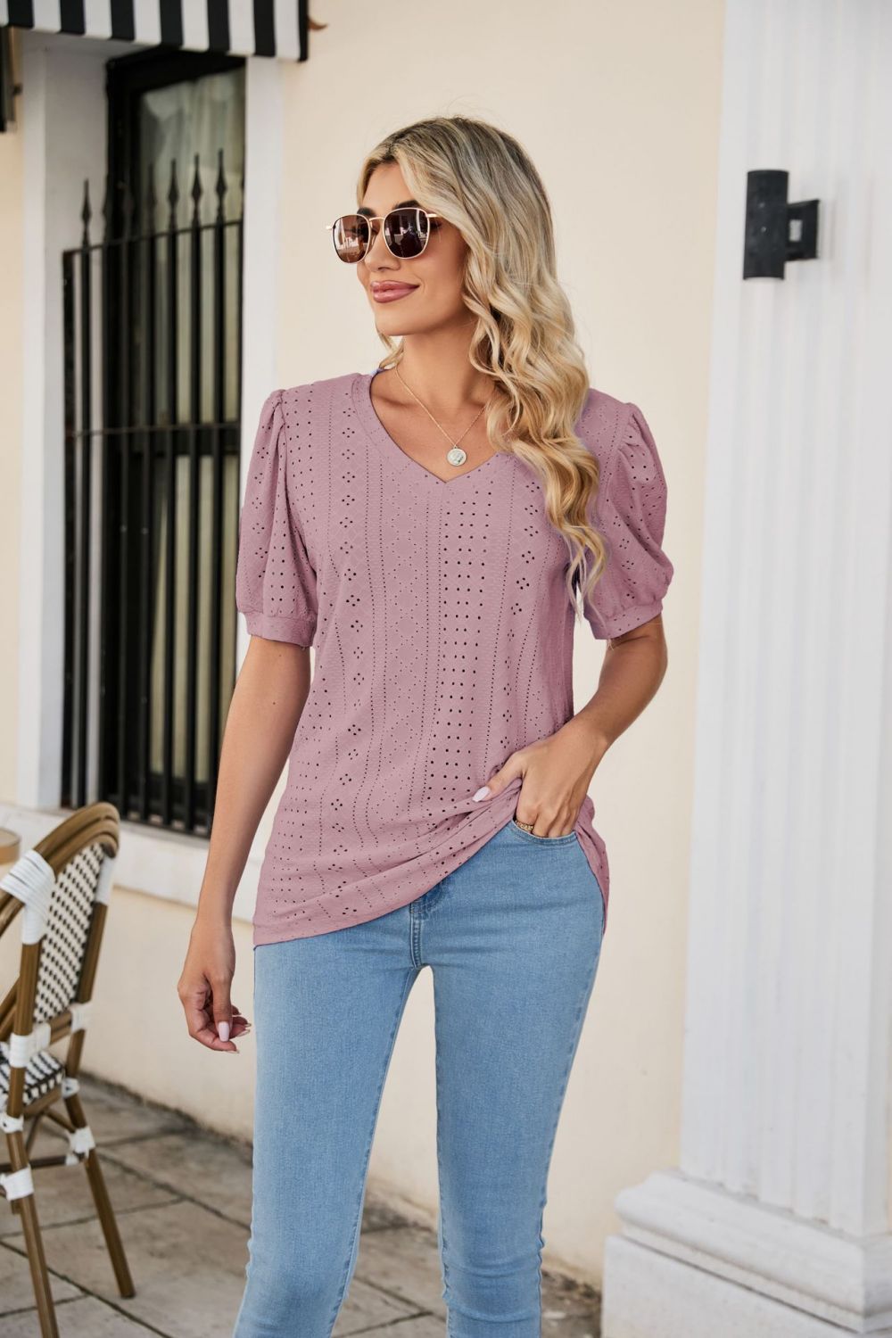 Full Size Eyelet Puff Sleeve V-Neck Top