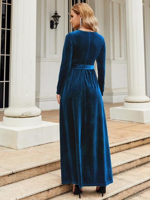 OhSoMaxi Tie Front Round Neck Long Sleeve Maxi Dress