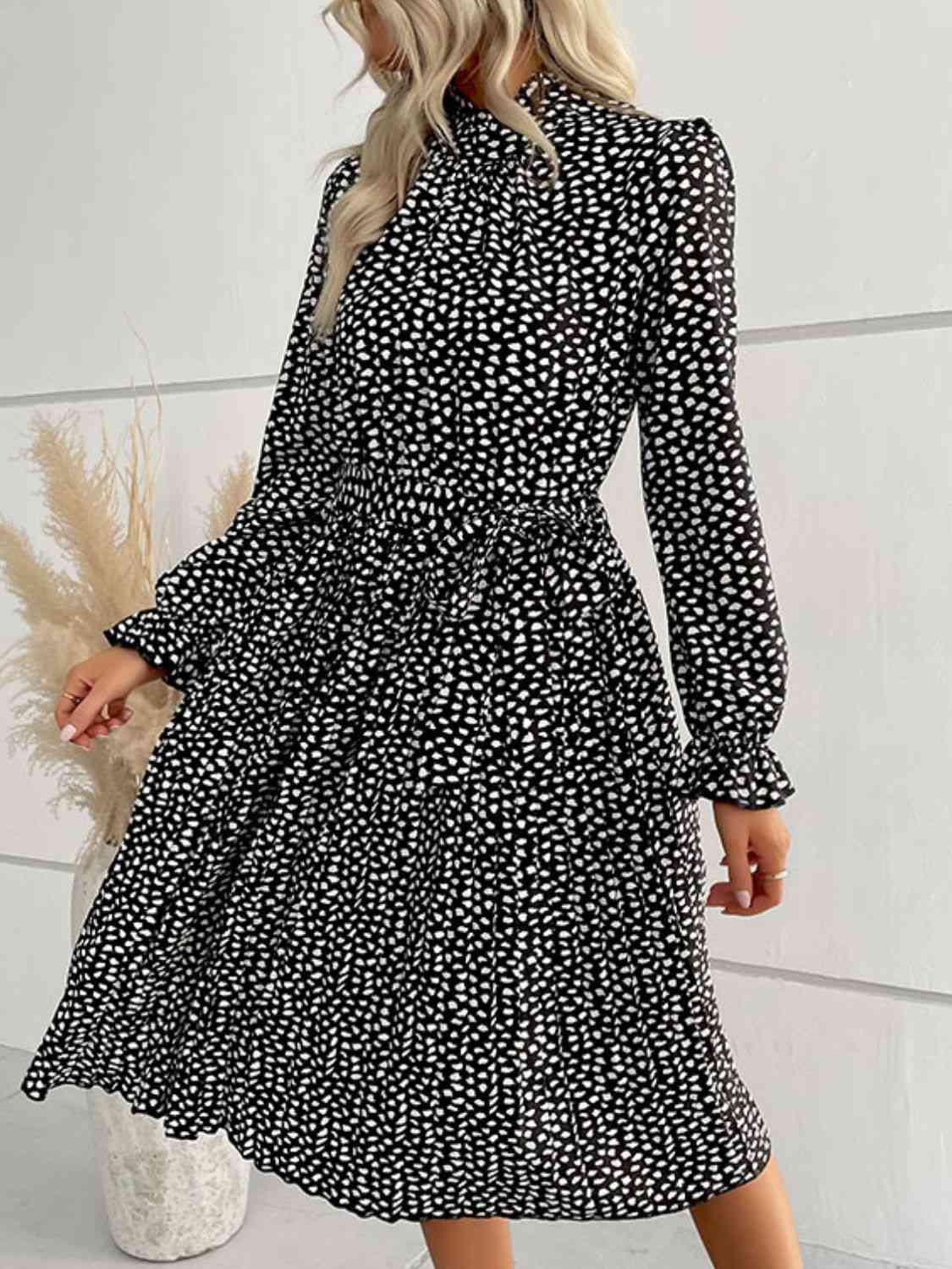 Printed Tie-Waist Flounce Sleeve Keyhole Black Midi Dress