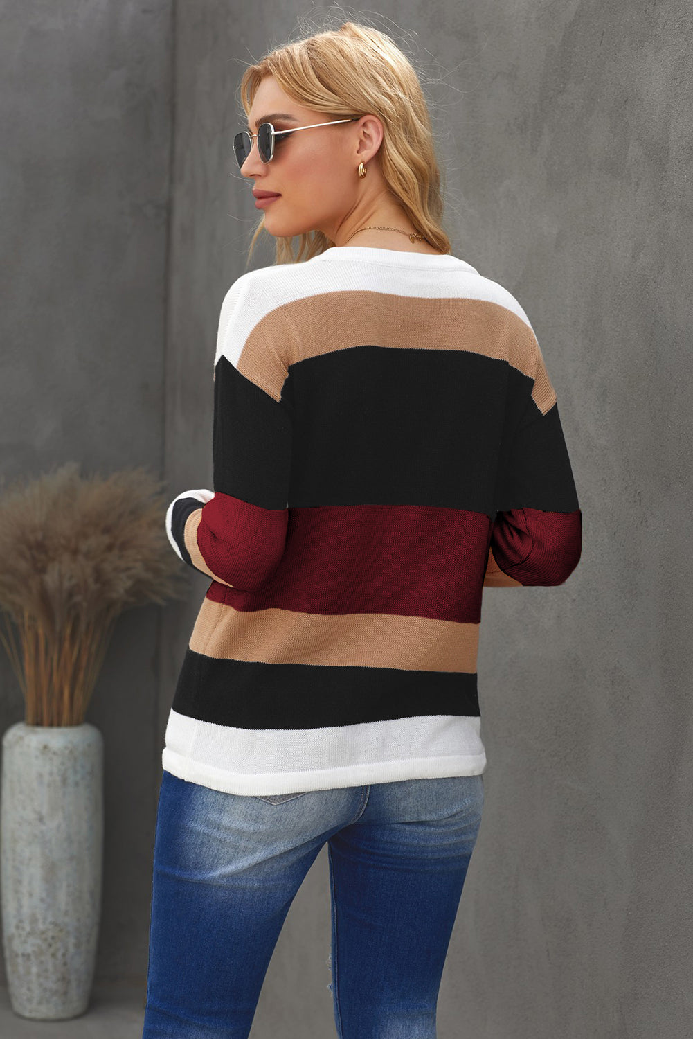 AuroraBlissX Full Size Round Neck Color Block Dropped Shoulder Knit Top