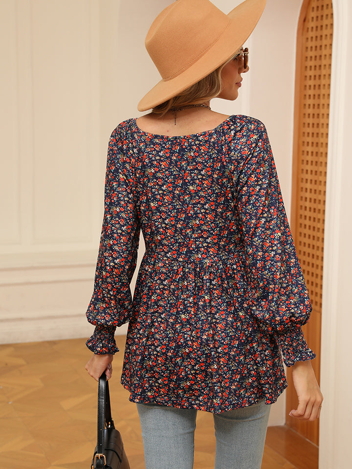 Full Size Printed V-Neck Lantern Sleeve Blouse