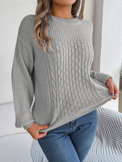 NotSoBasic Cable-Knit Round Neck Long Sleeve Sweater