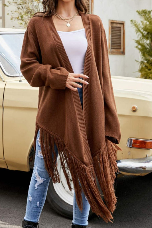 Fringe Hem Open Front Ribbed Trim Cardigan