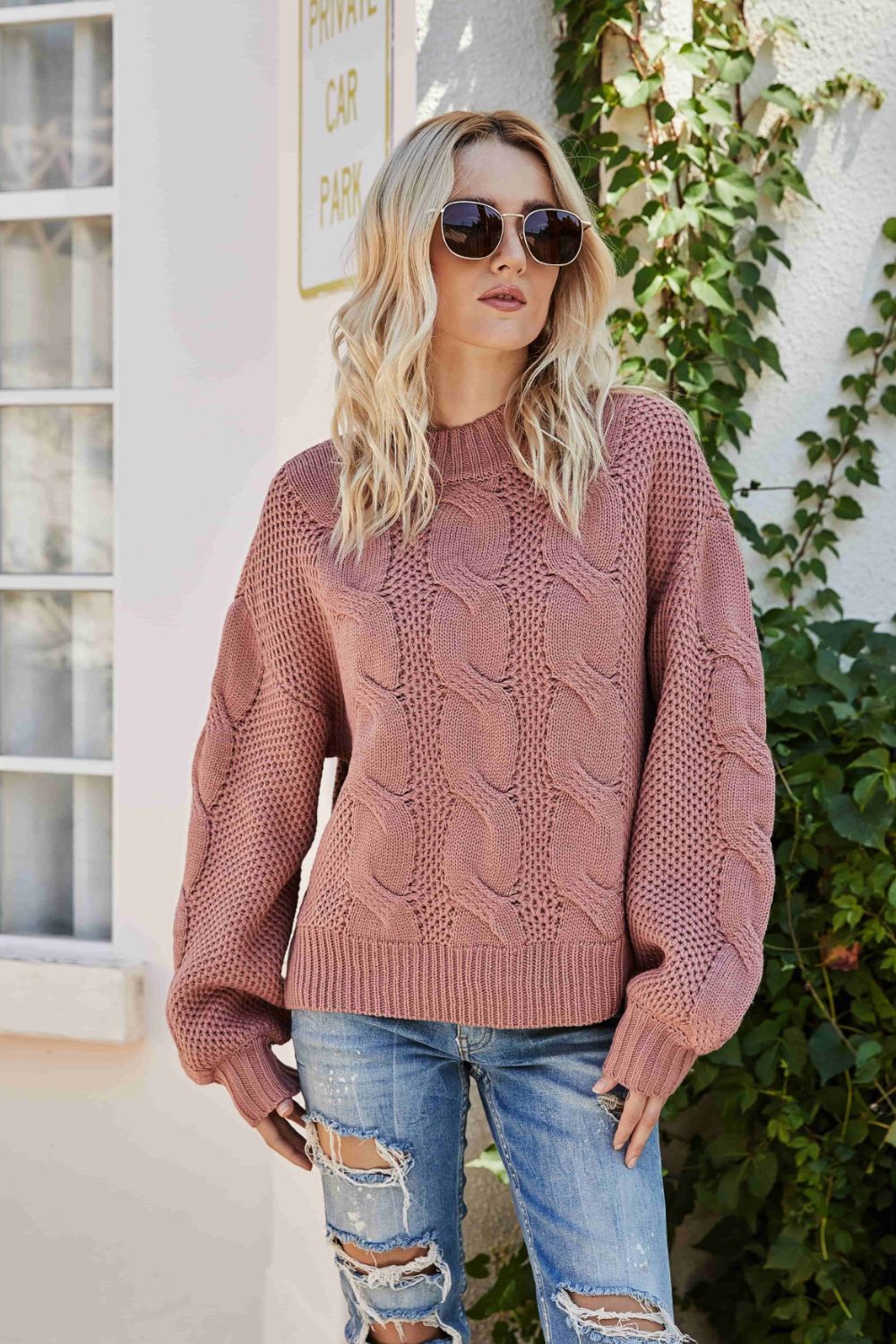 Full Size Mixed Knit Crewneck Drop Shoulder Sweater