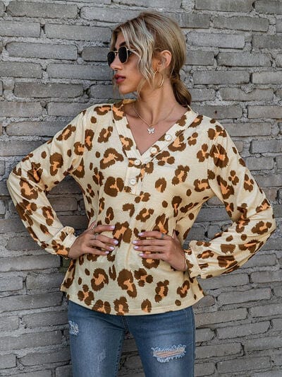 Leopard V-Neck Decorative Button Long Sleeve Blouse