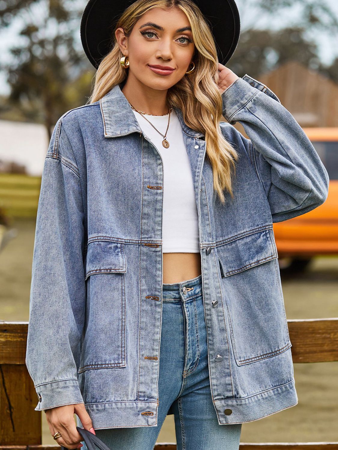 Outer Adventure Full Size Dropped Shoulder Denim Jacket with Pockets