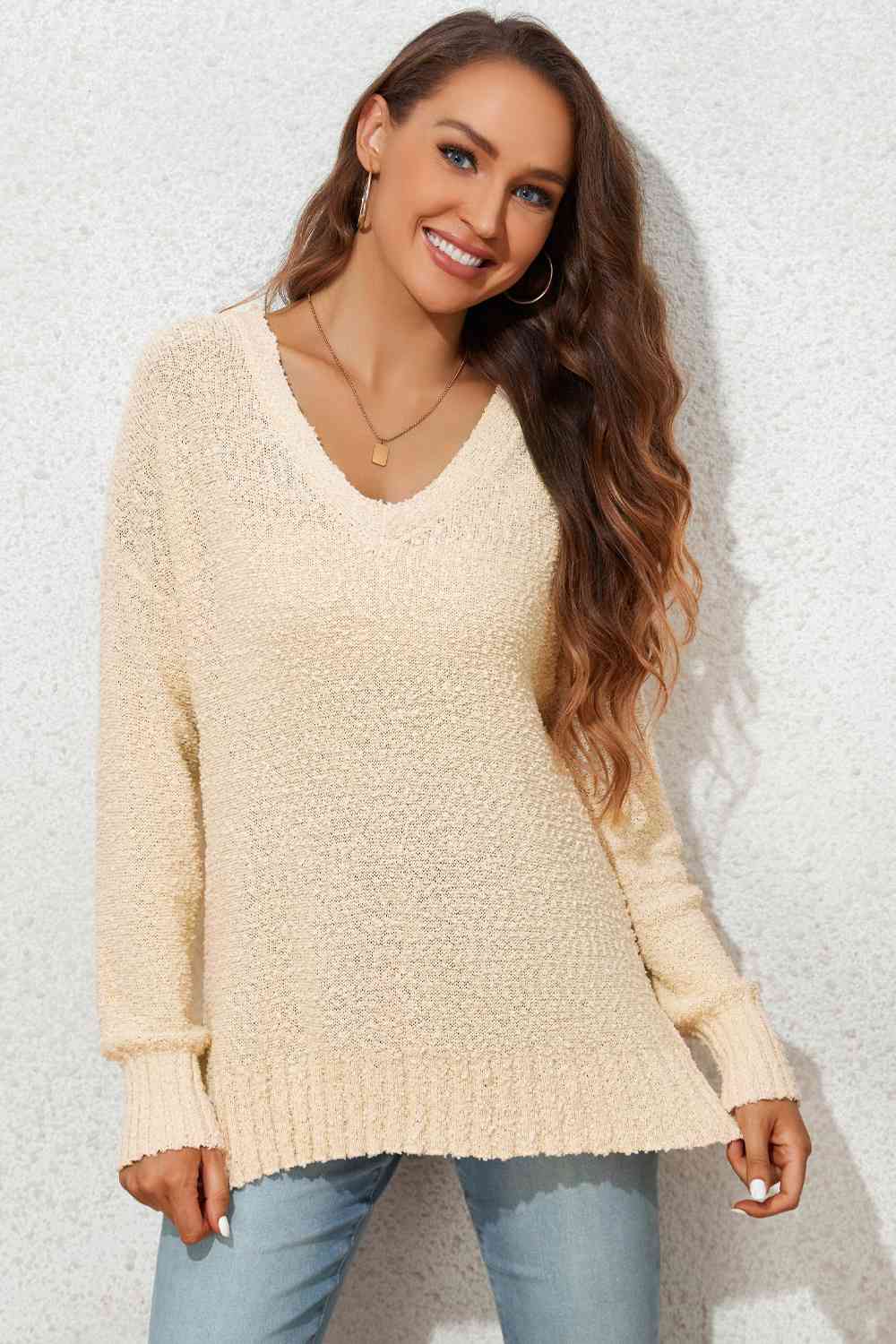 KnittedEmporium Full Size V-Neck Drop Shoulder Slit Sweater