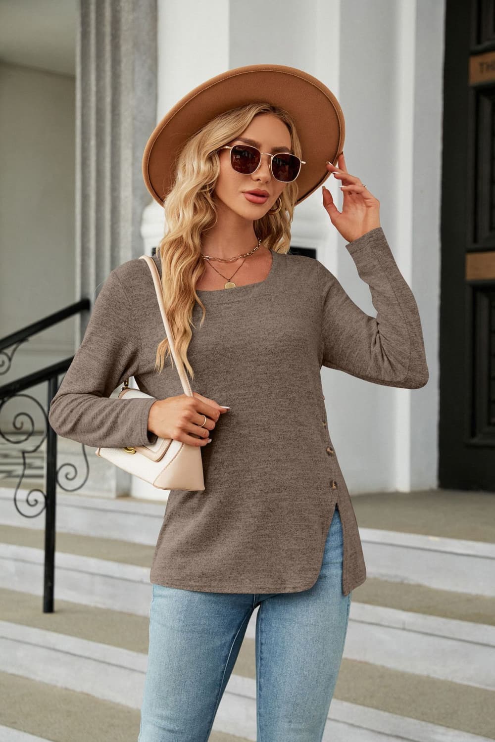 Full Size Square Neck Long Sleeve Slit T-Shirt