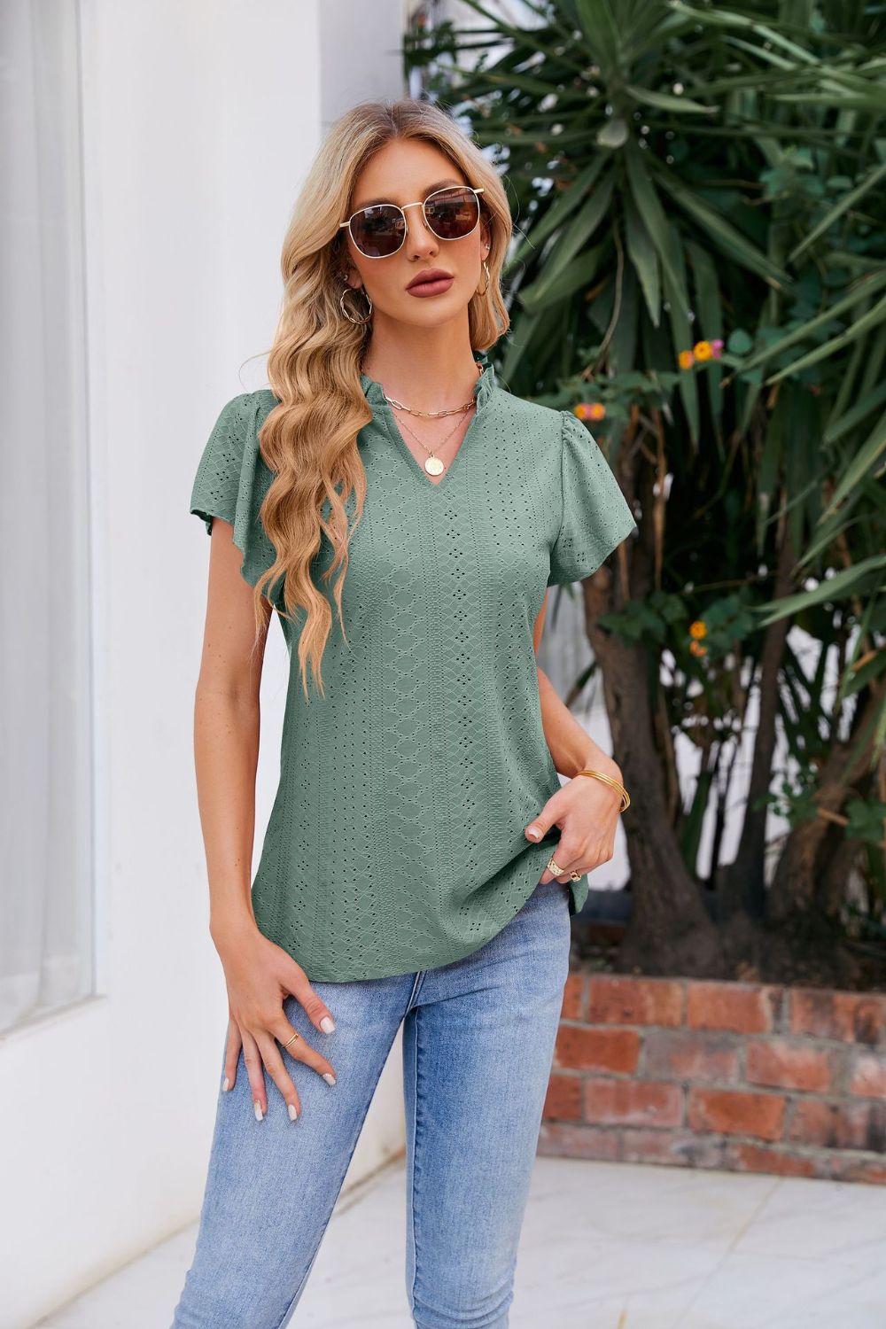 Women's Full Size Notched Neck Puff Sleeve Blouse