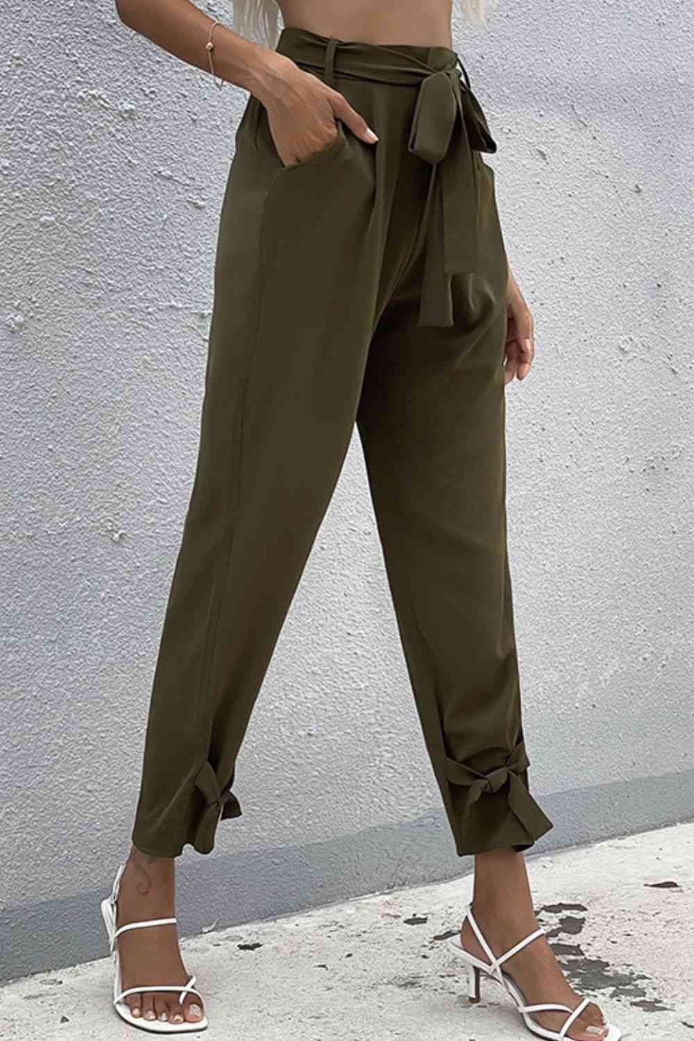 CruzinDrawers Tie Detail Belted Pants with Pockets