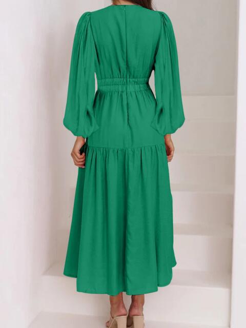 Cora Lea Deep V-Neck Balloon Sleeve Plain Maxi Dress