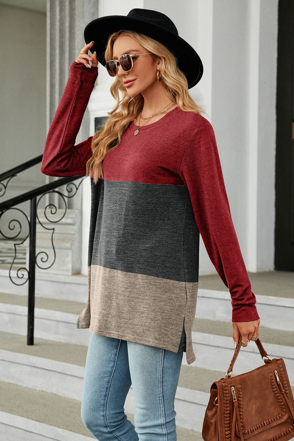 Full Size Color Block Round Neck Long Sleeve Slit T-Shirt