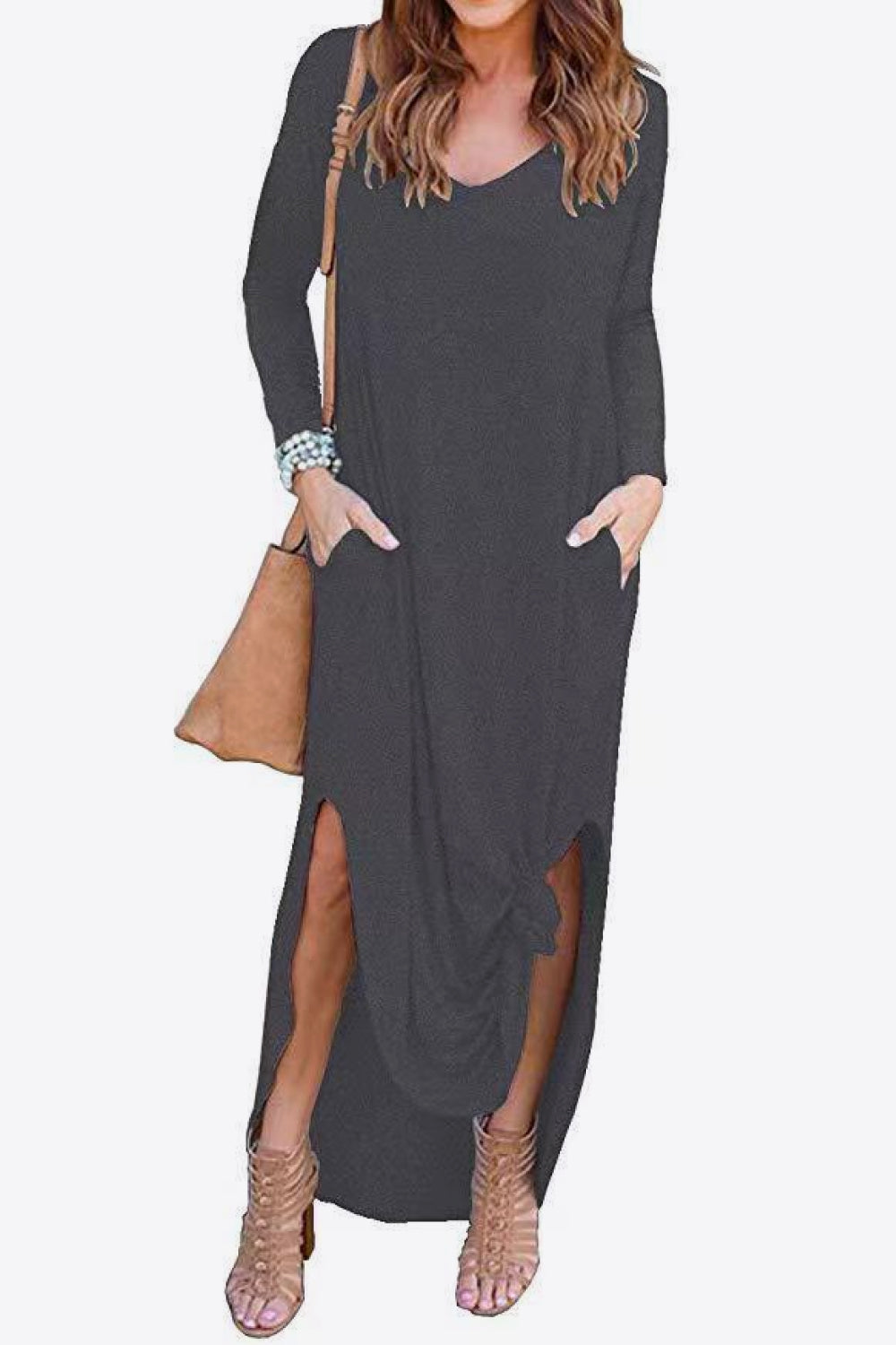 Women's Full Size Split Long Sleeve V-Neck Maxi Dress