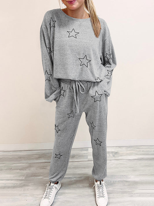 Star Print Long Sleeve Top and Pants Cloudy Blue Lounge Set