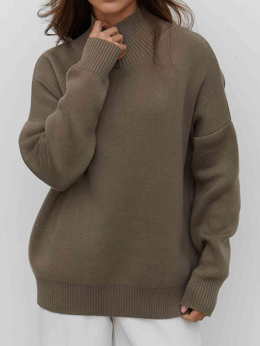 One Size Mock Neck Dropped Shoulder Sweater