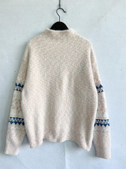 CozyWonders Geometric Mock Neck Dropped Shoulder Sweater