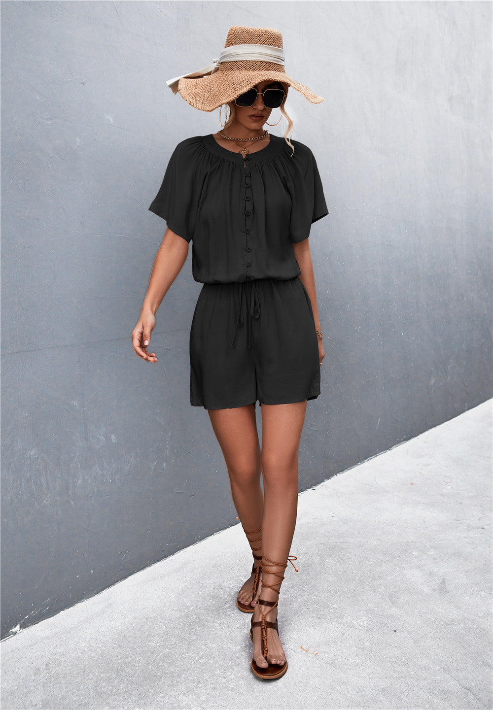 Women's Buttoned Gather Detail Romper