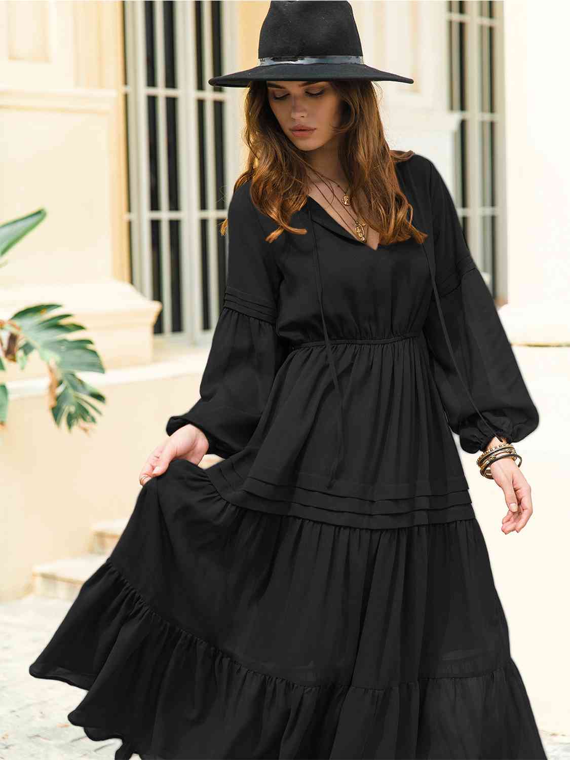 Amelia Tie Neck Long Sleeve Midi Tiered Dress