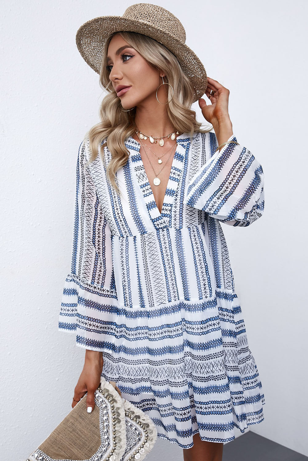 Women's Printed Notched Neck Flare Sleeve Tiered Dress
