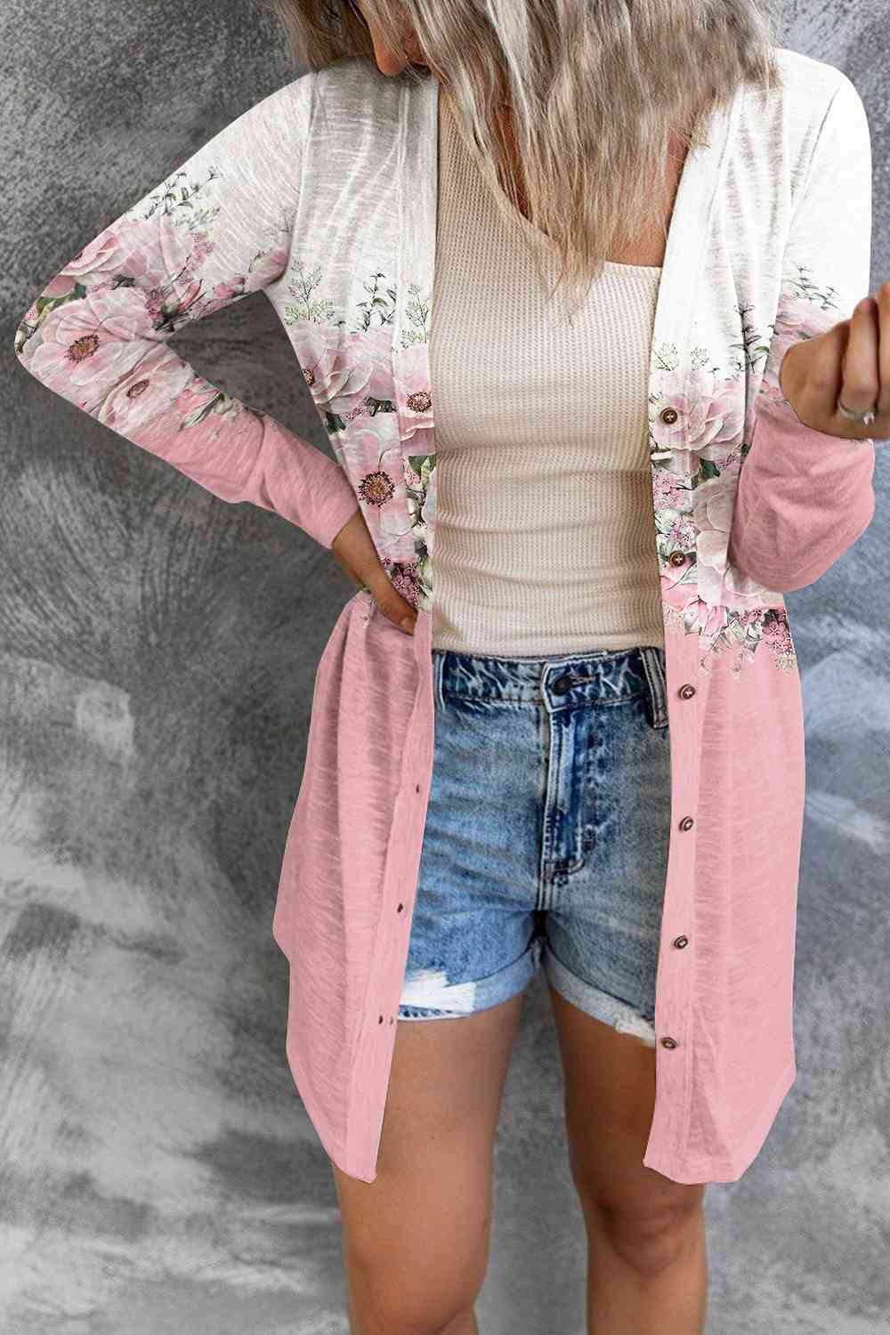 Dusty Pink Full Size Printed Button Up Long Sleeve Cardigan
