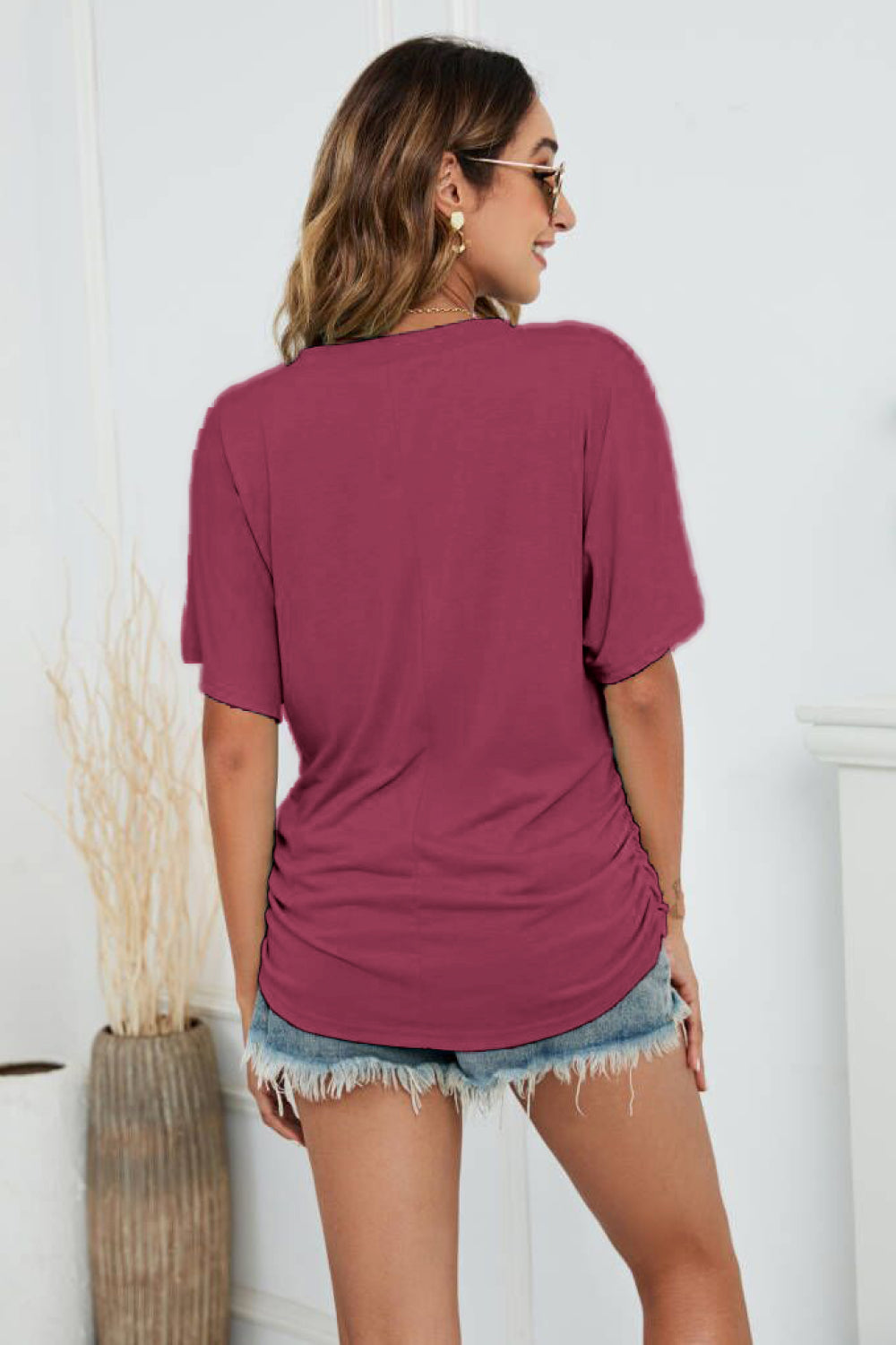 Full Size V-Neck Side Ruched Tee