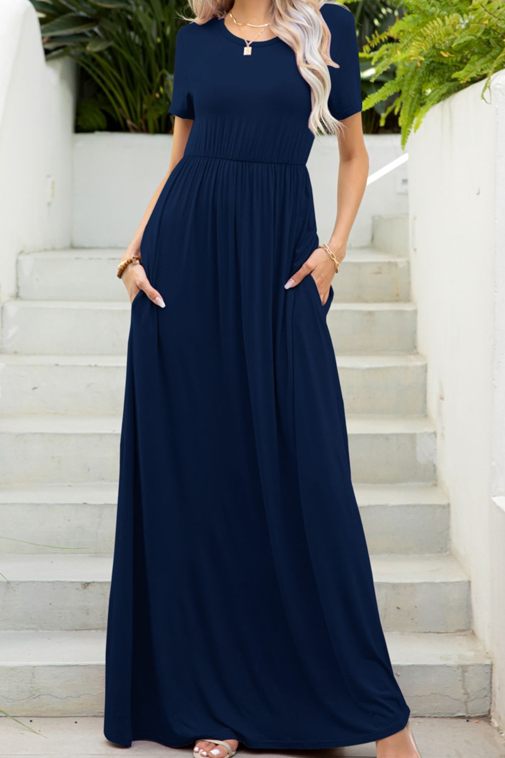 Women's Full Size Round Neck Maxi Tee Dress with Pockets