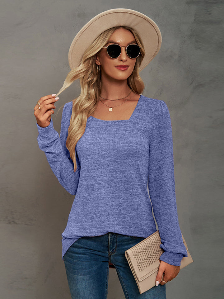 Full Size Heathered Square Neck Long Sleeve T-Shirt