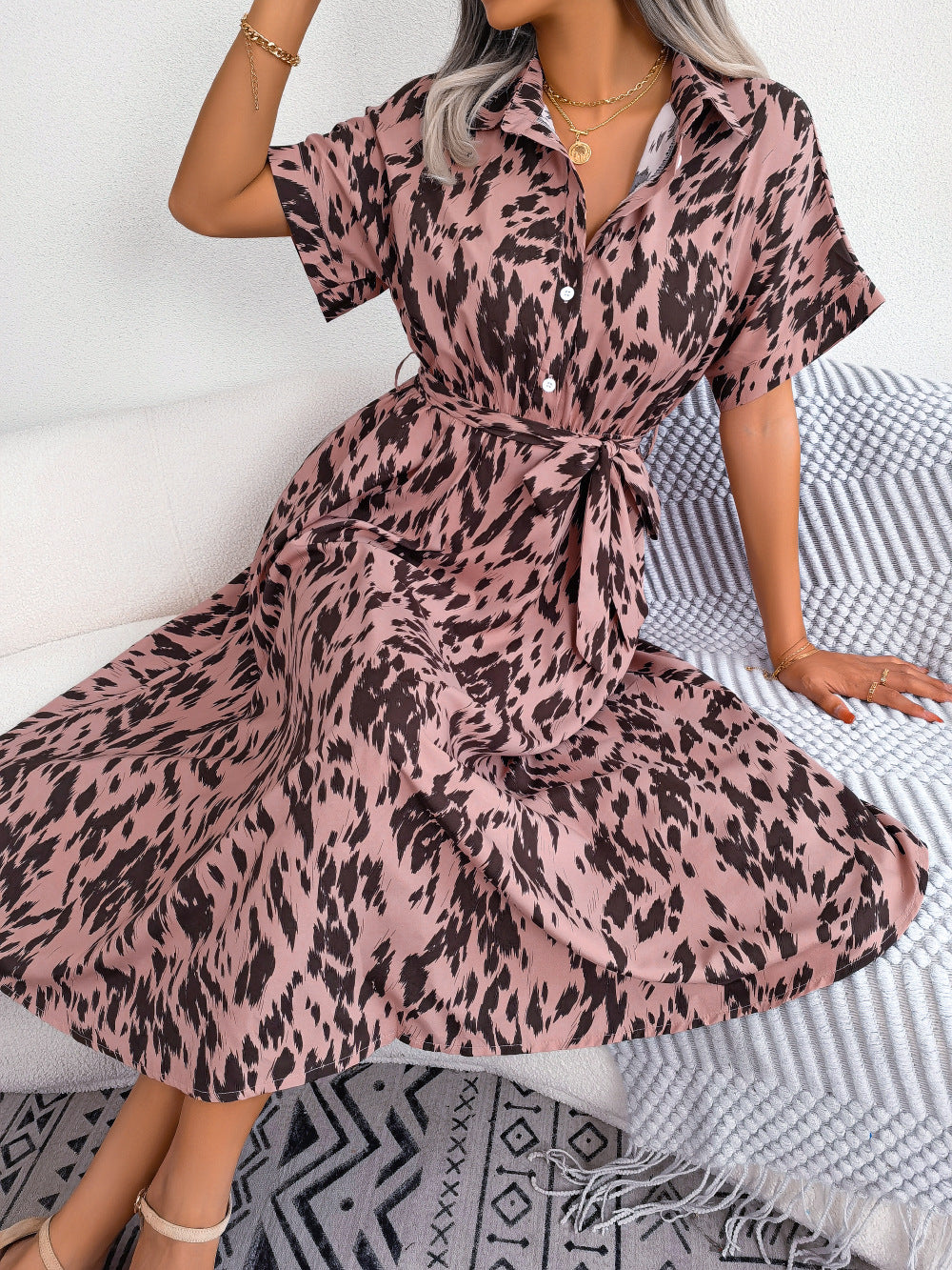 Penelope Printed Collared Neck Short Sleeve Tie Waist Dress