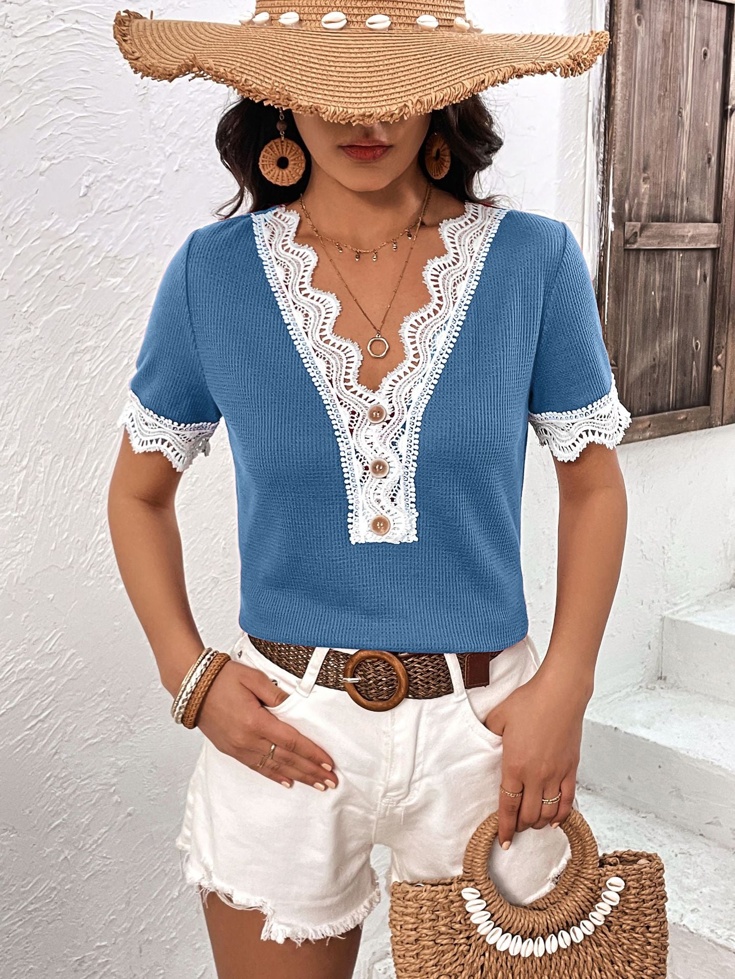 Women's Decorative Button Spliced Lace Short Sleeve Top