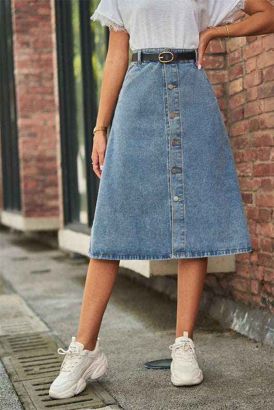 Full Size Button Front A-Line Denim Skirt