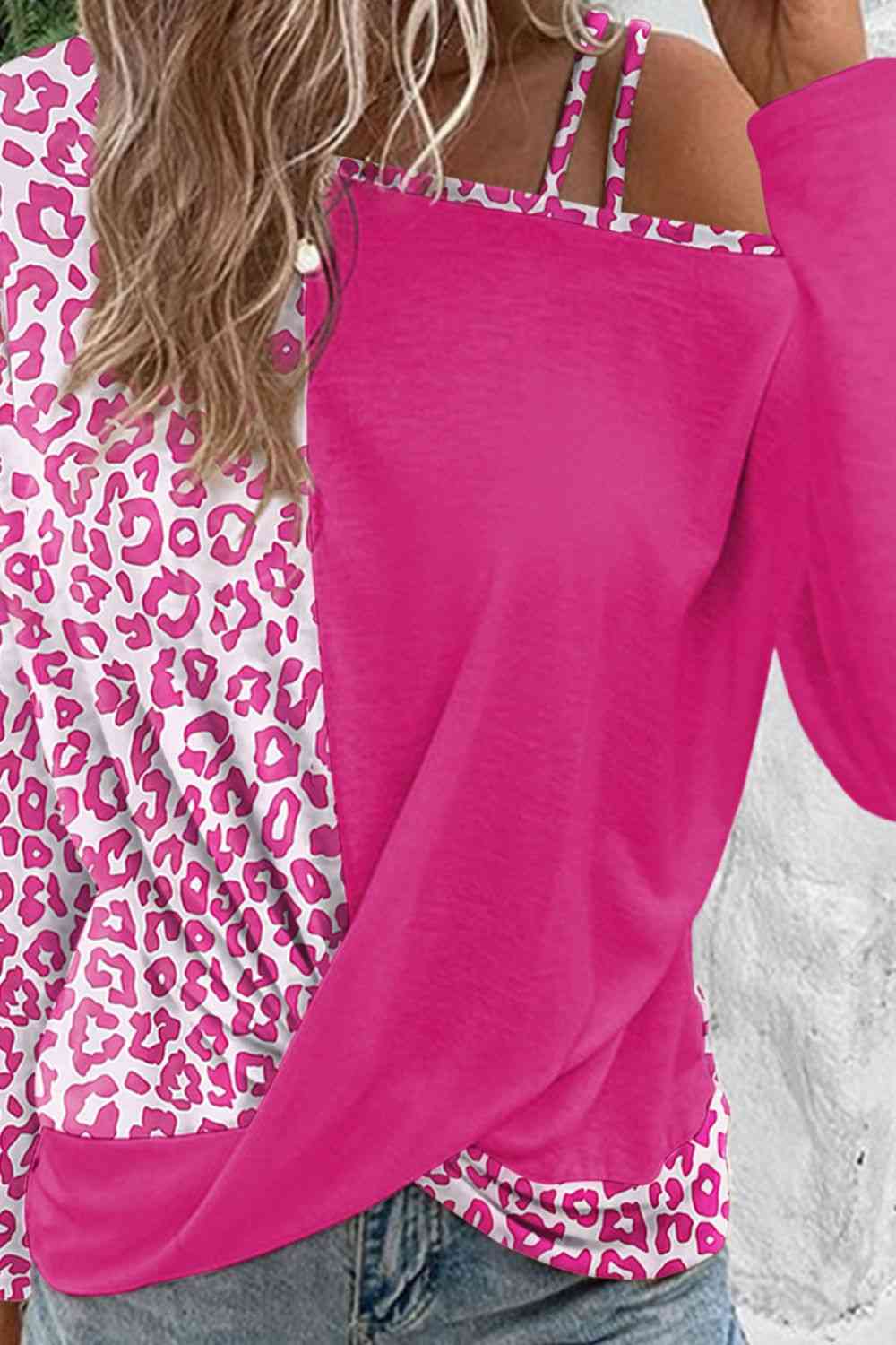 Leopard Asymmetrical Neck Long Sleeve Blouse