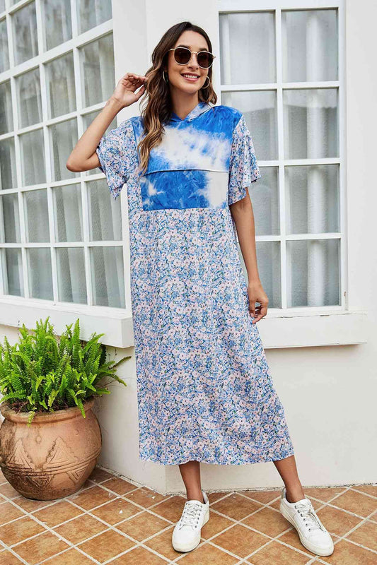 Blue Tie-Dye Floral Flutter Sleeve Hooded Dress