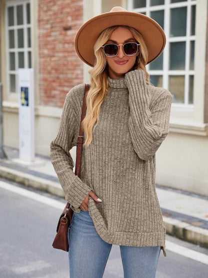 Laken Jay Ribbed Turtleneck Long Sleeve Slit Knit Top