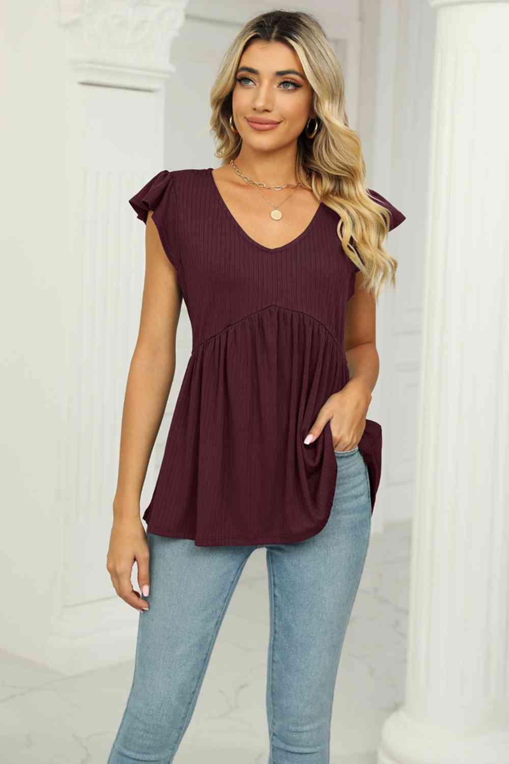 Full Size V-Neck Flutter Sleeve Babydoll Blouse