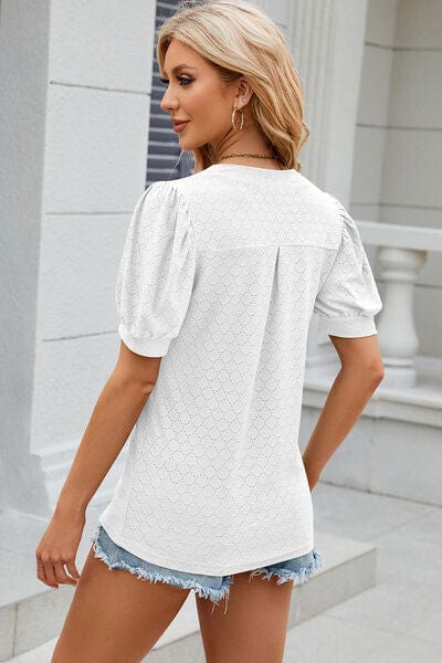 Eyelet Notched Puff Sleeve T-Shirt