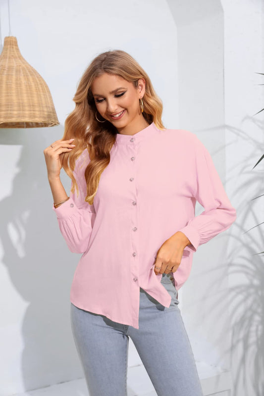 Malibu Dreams Mock Neck Buttoned Long Sleeve Shirt